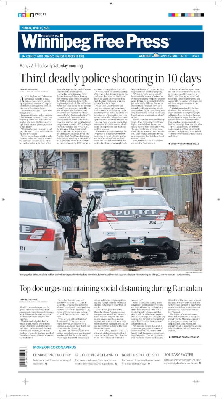 Portada de Winnipeg Free Press (Canadá)