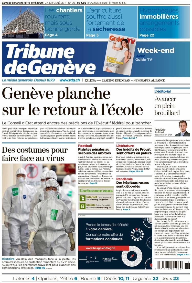 Portada de La Tribune de Genève (Suiza)