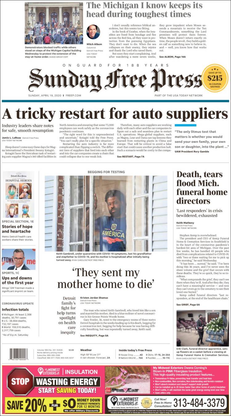 Portada de Detroit Free Press (USA)