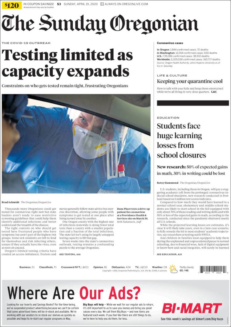 Portada de The Oregonian (USA)