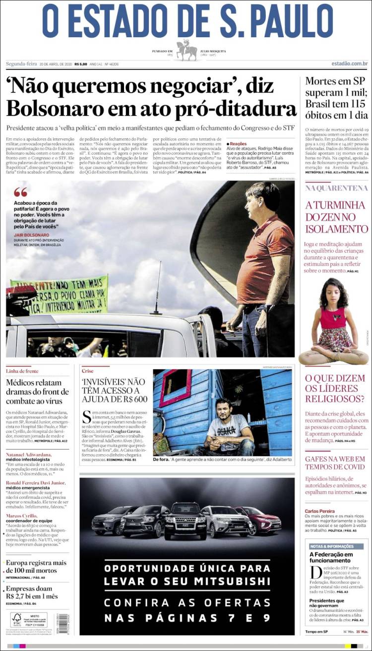 Portada de O Estado de São Paulo (Brasil)