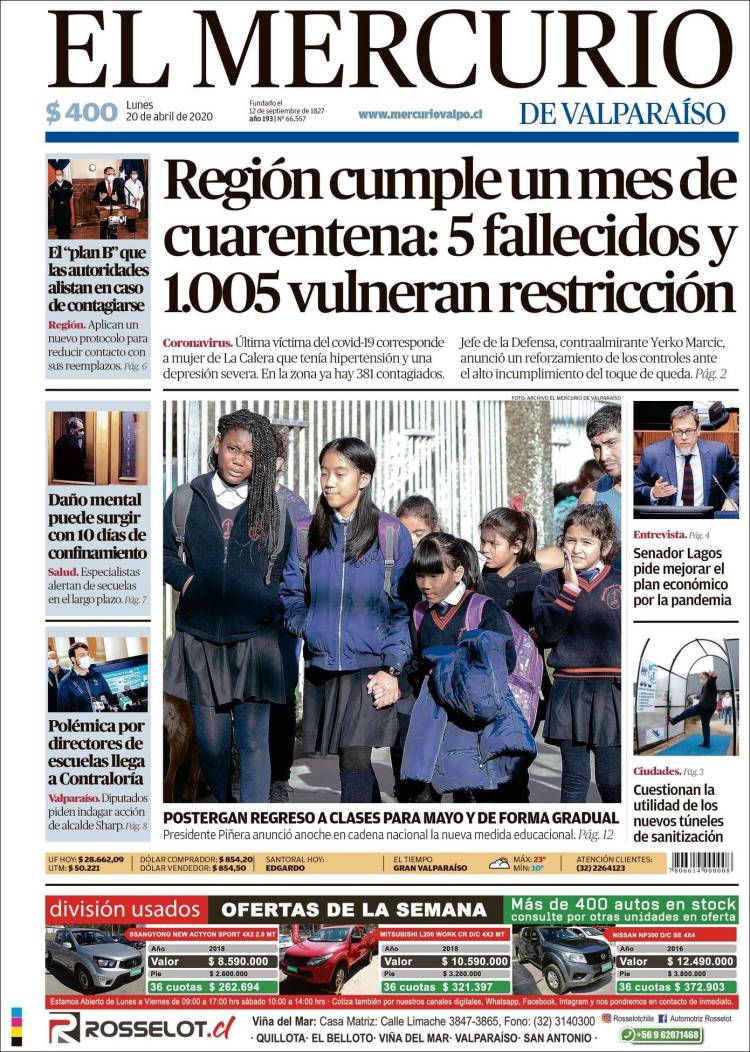 Portada de Mercurio de Valparaiso (Chile)