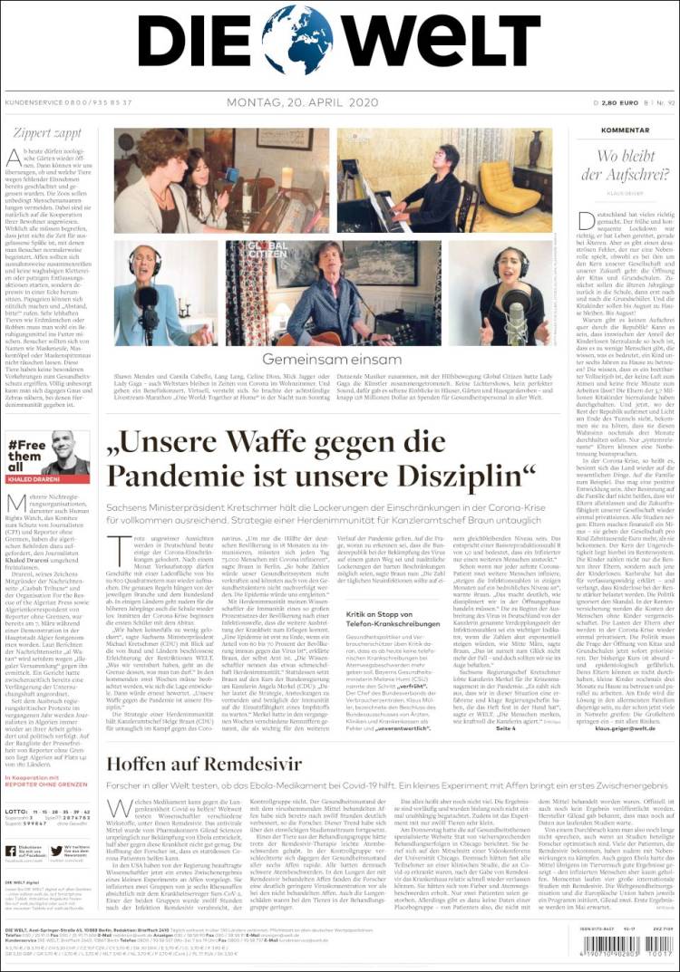 Portada de Die Welt (Alemania)