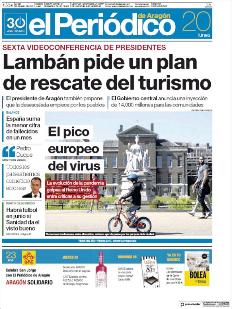 Portada de El Periódico de Aragón (España)