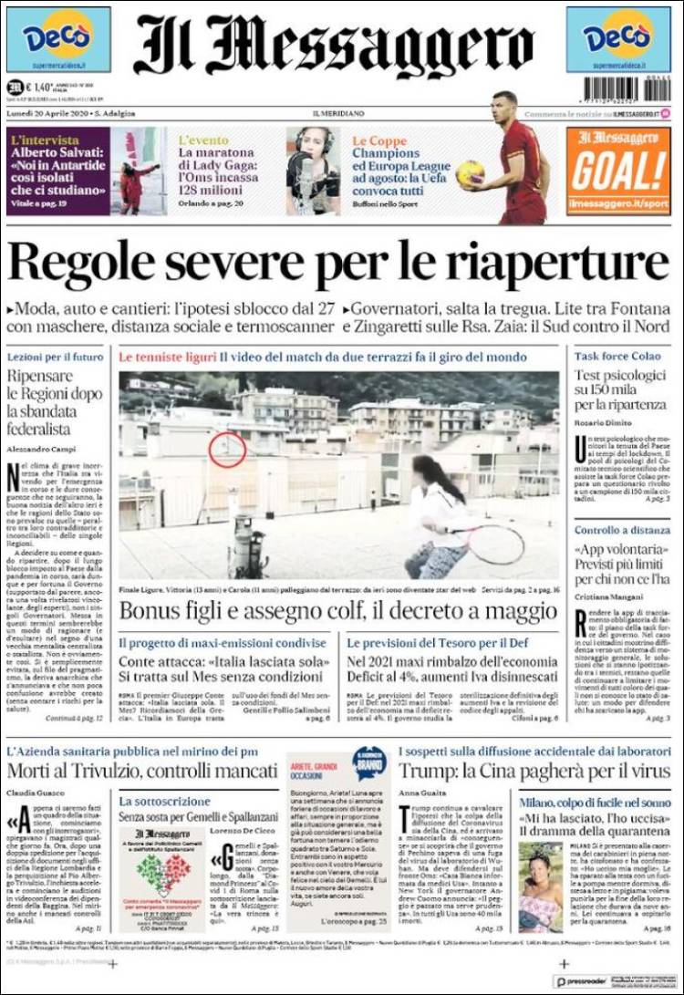 Portada de Il Messaggero (Italia)