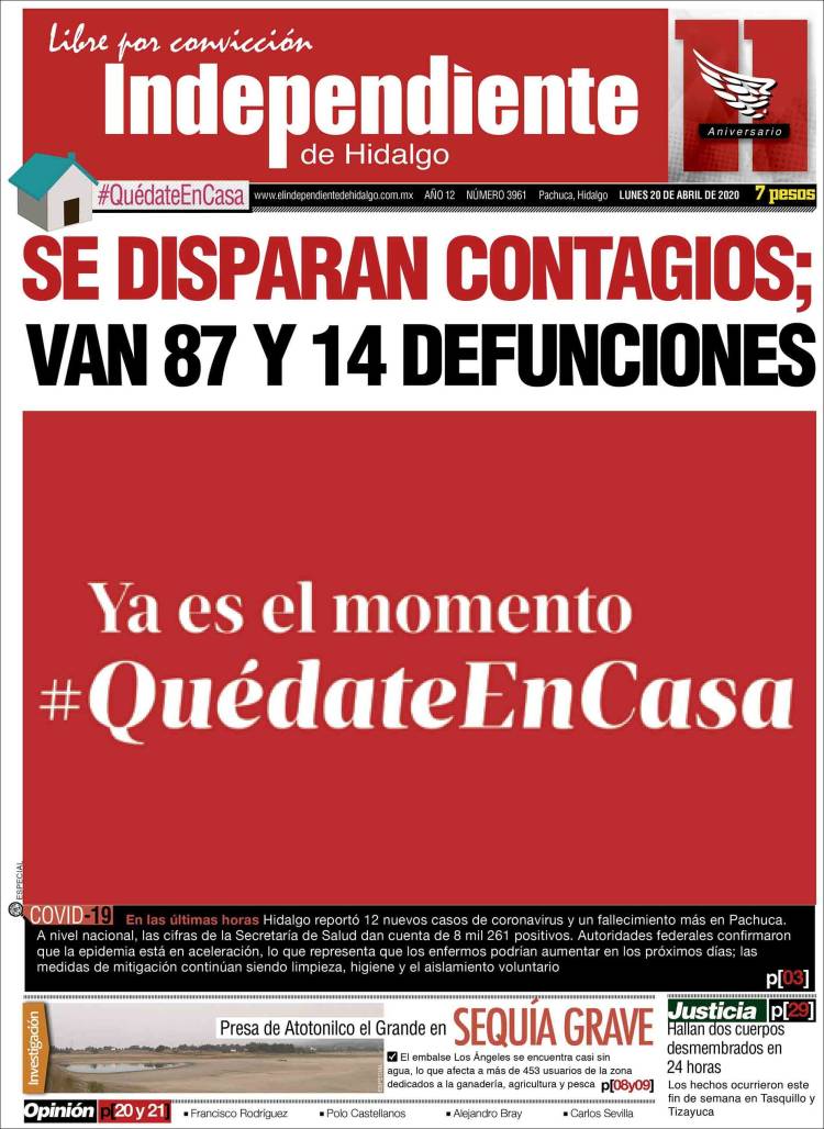 Portada de El Independiente de Hidalgo (M&eacute;xico)