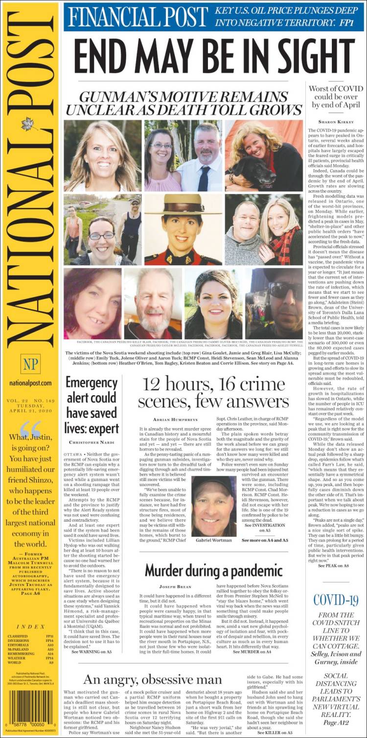 Portada de The National Post (Canadá)