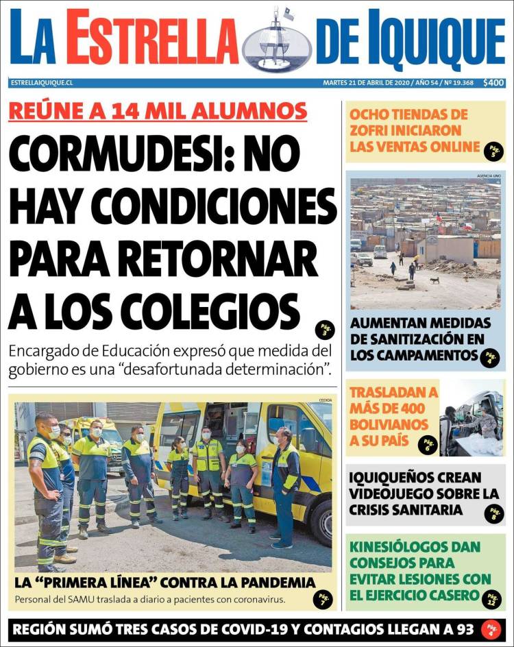 Portada de La Estrella de Iquique (Chile)
