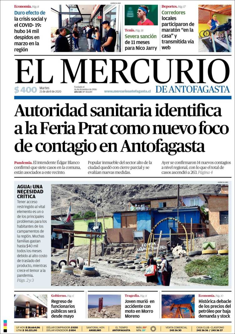 Portada de El Mercurio de Antofagasta (Chile)