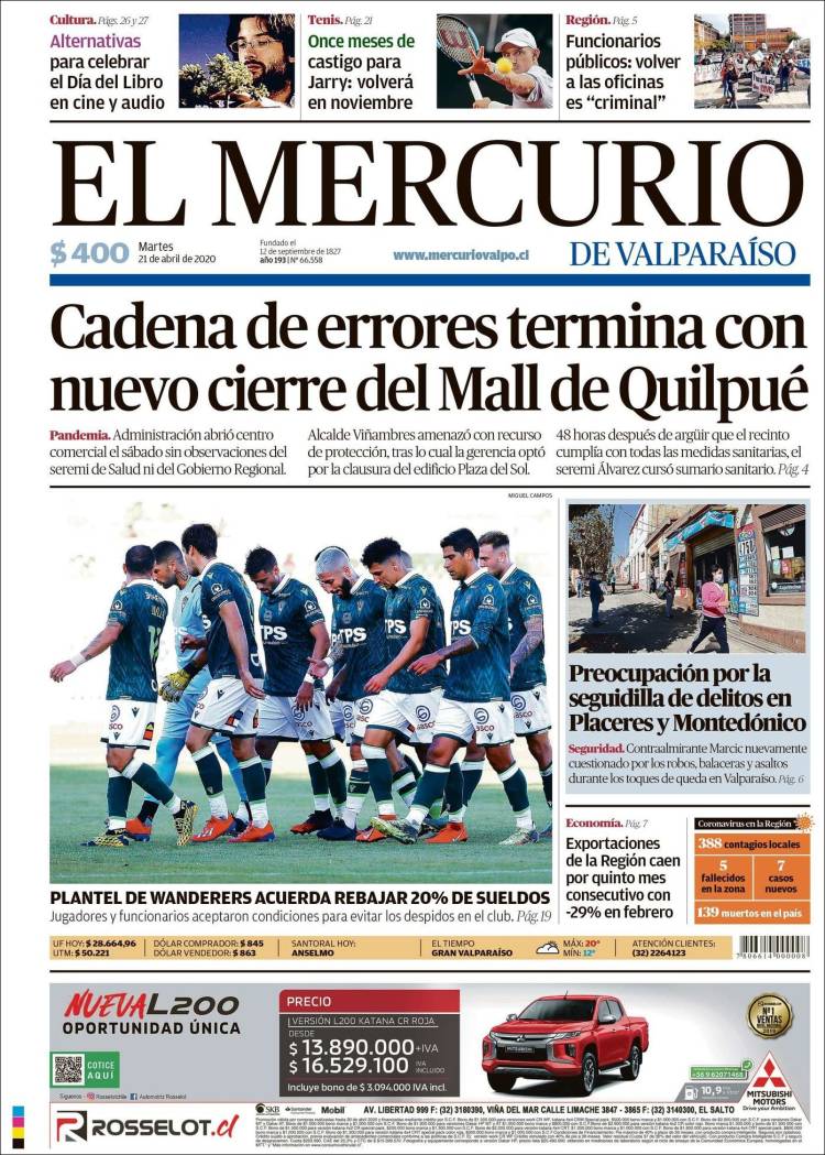 Portada de Mercurio de Valparaiso (Chile)