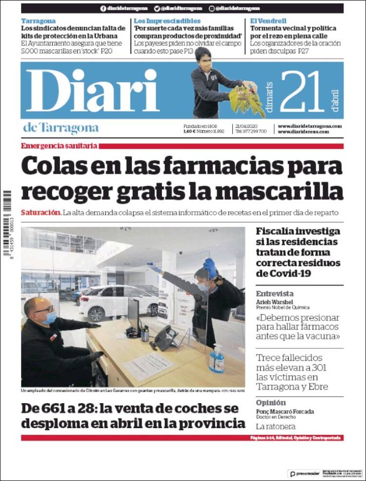 Portada de Diari de Tarragona (España)