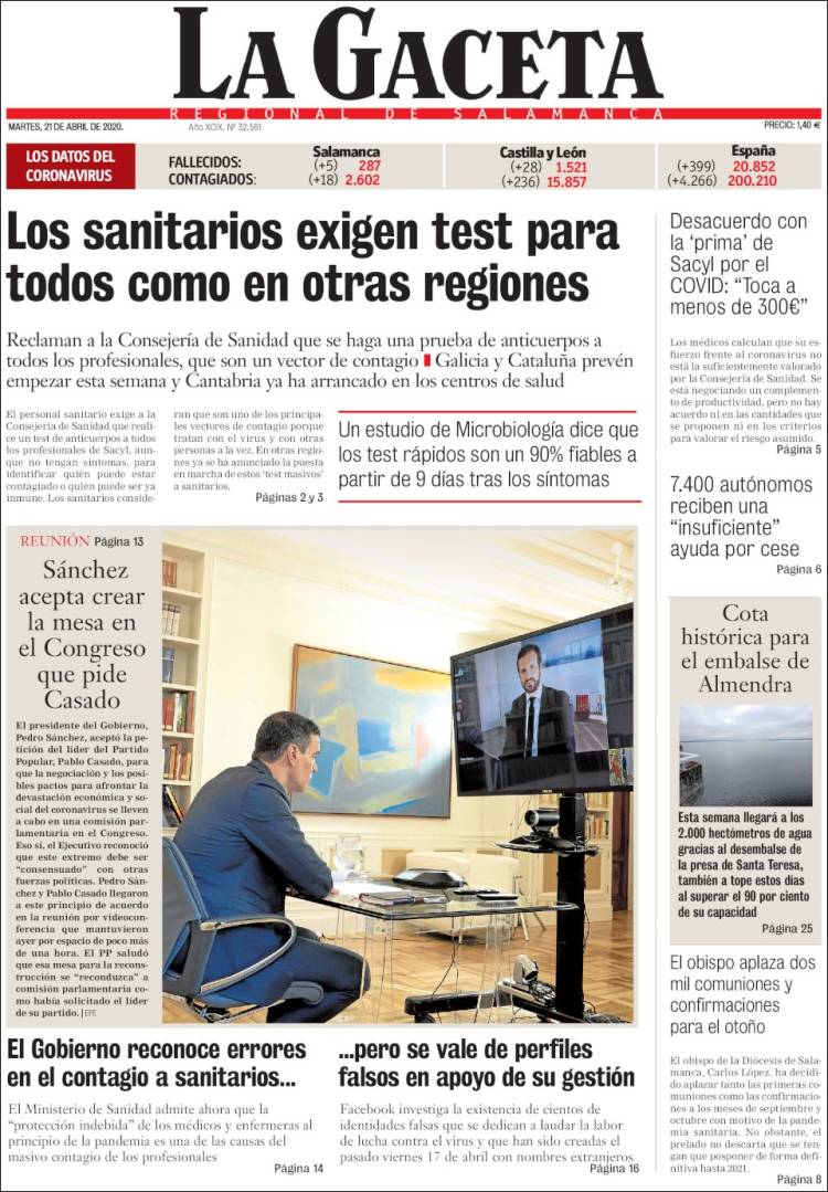 Portada de La Gaceta de Salamanca (España)