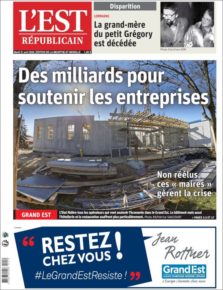 Portada de L'Est Republicain (Francia)