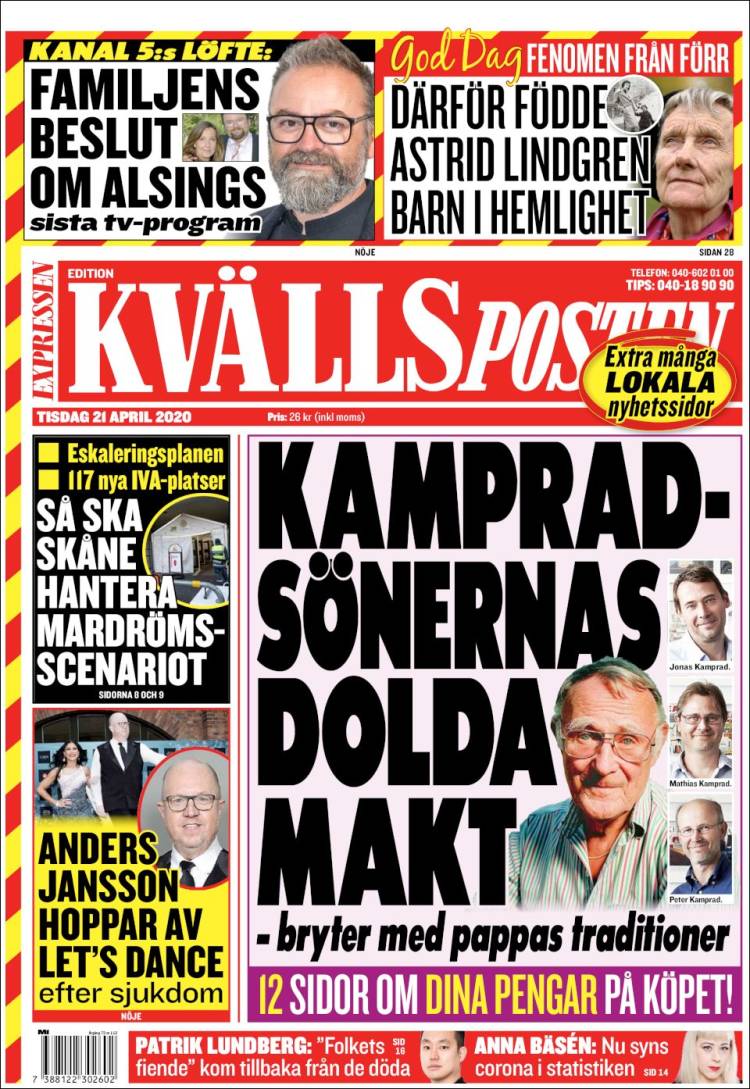 Portada de Kvällsposten (Suecia)