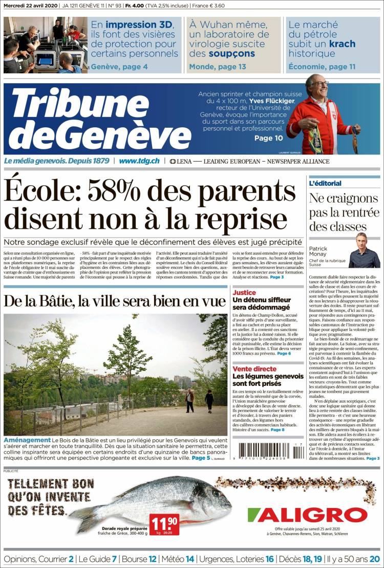 Portada de La Tribune de Genève (Suiza)