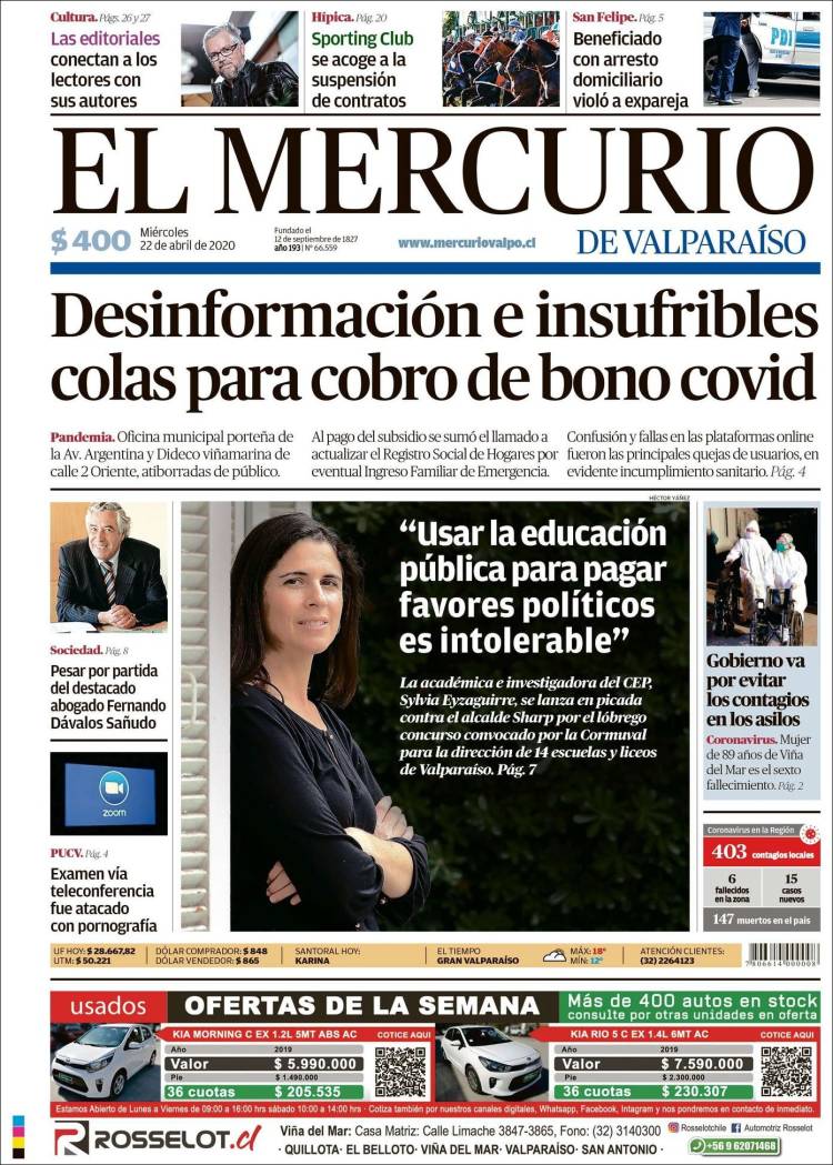 Portada de Mercurio de Valparaiso (Chile)