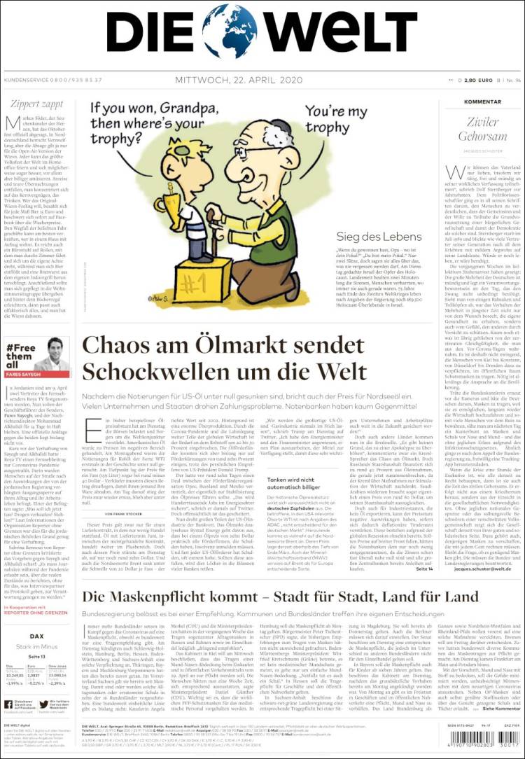 Portada de Die Welt (Alemania)