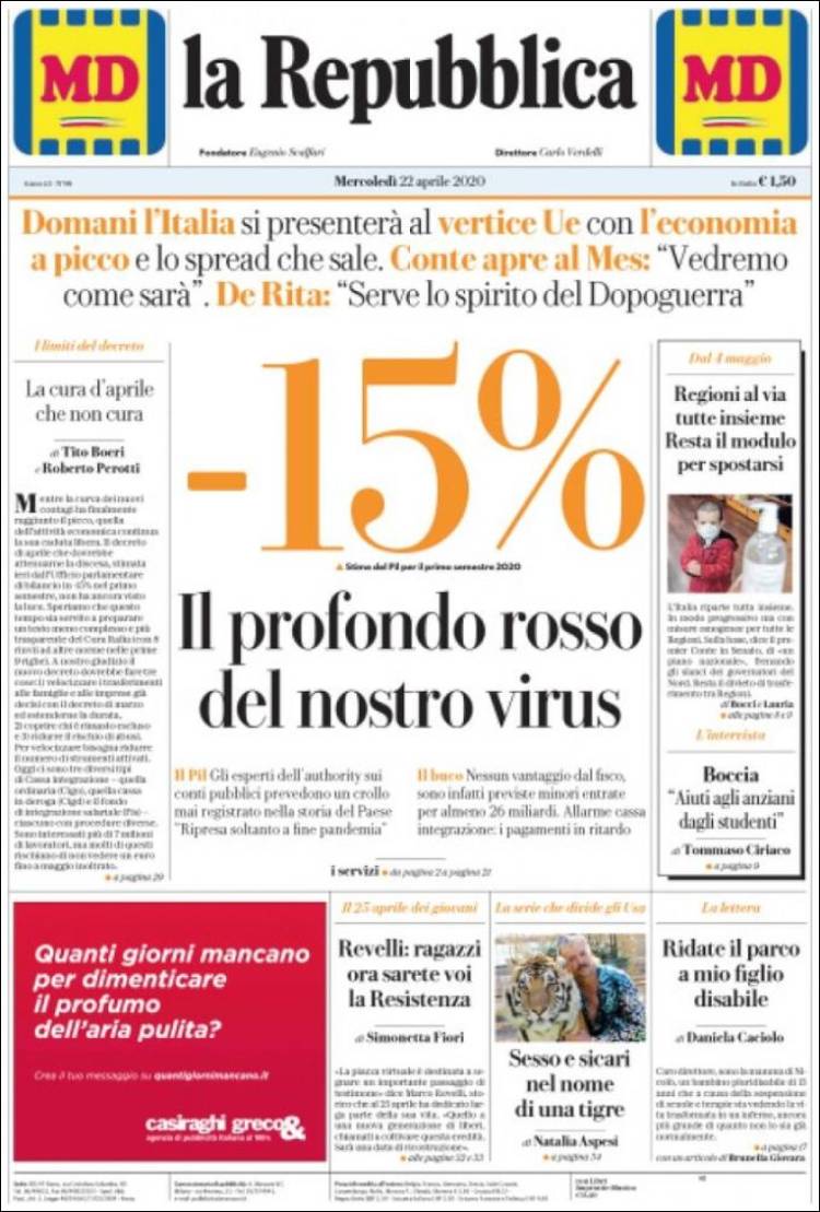 Portada de La Repubblica (Italia)