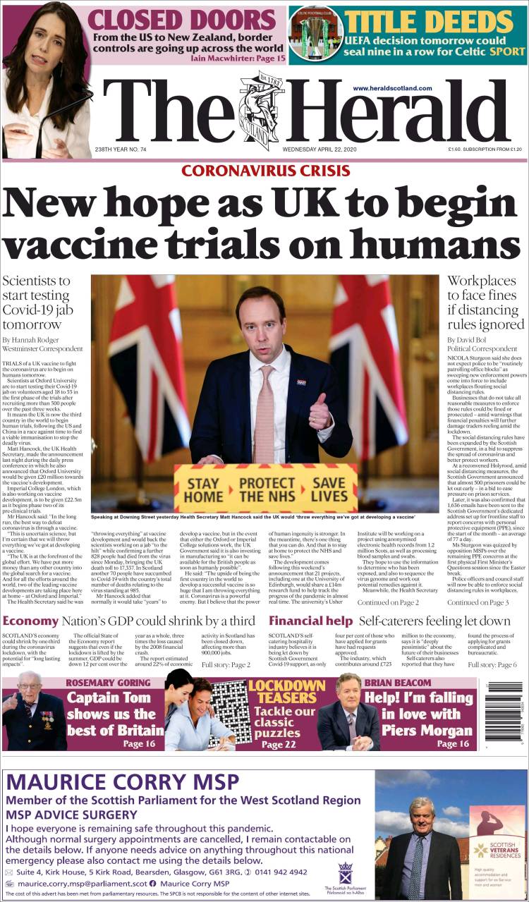 Portada de The Herald (Reino Unido)