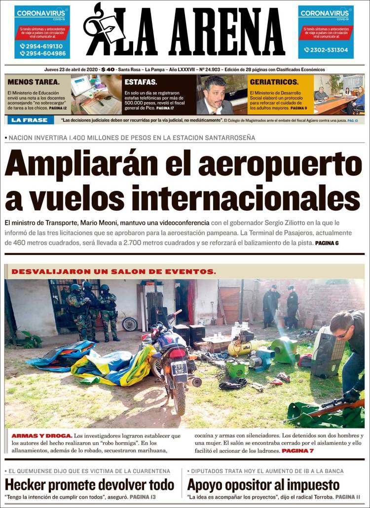 Portada de Diario La Arena (Argentina)