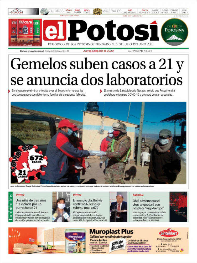 Portada de Diario de Potosí (Bolivia)