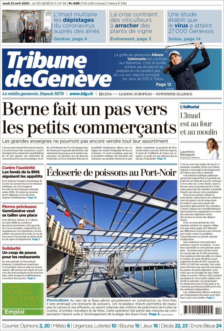 Portada de La Tribune de Genève (Suiza)