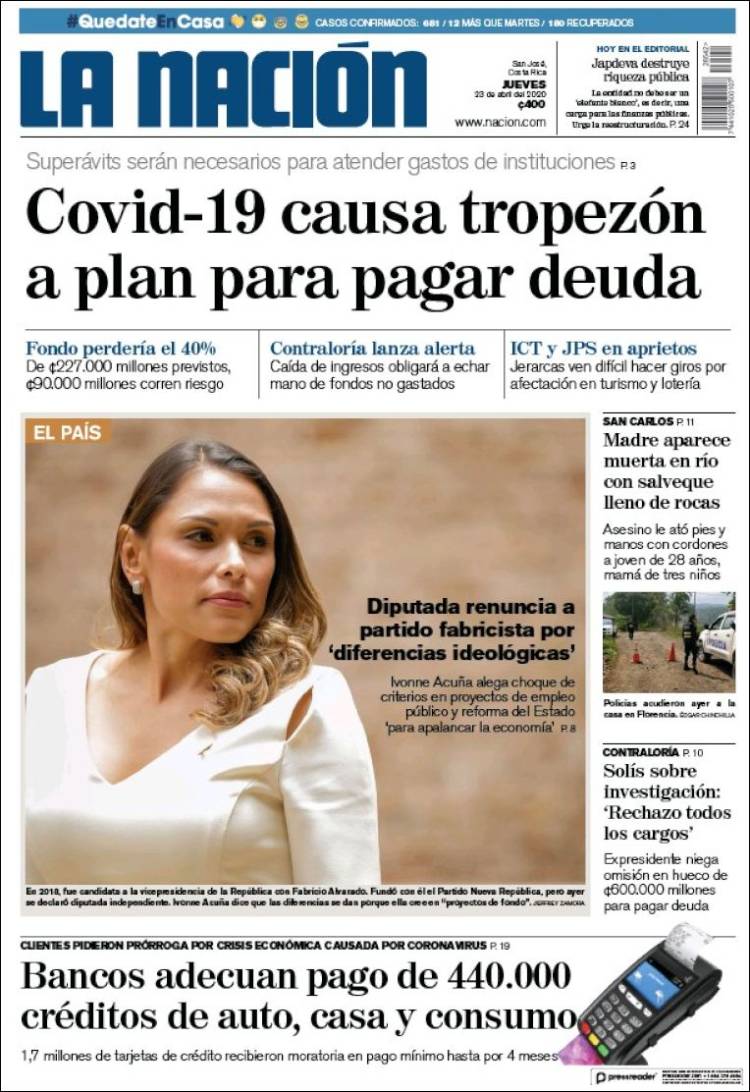 Periódico La Nación - Costa Rica (Costa Rica). Periódicos de Costa Rica.  Edición de jueves, 23 de abril de 2020. 