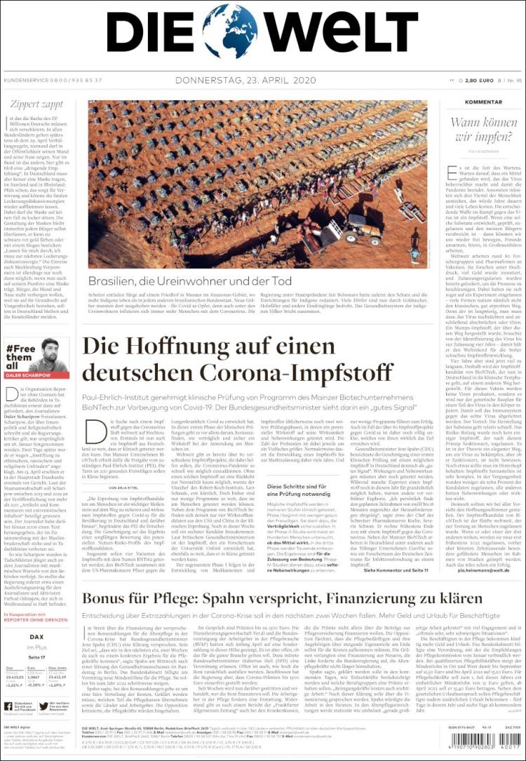 Portada de Die Welt (Alemania)