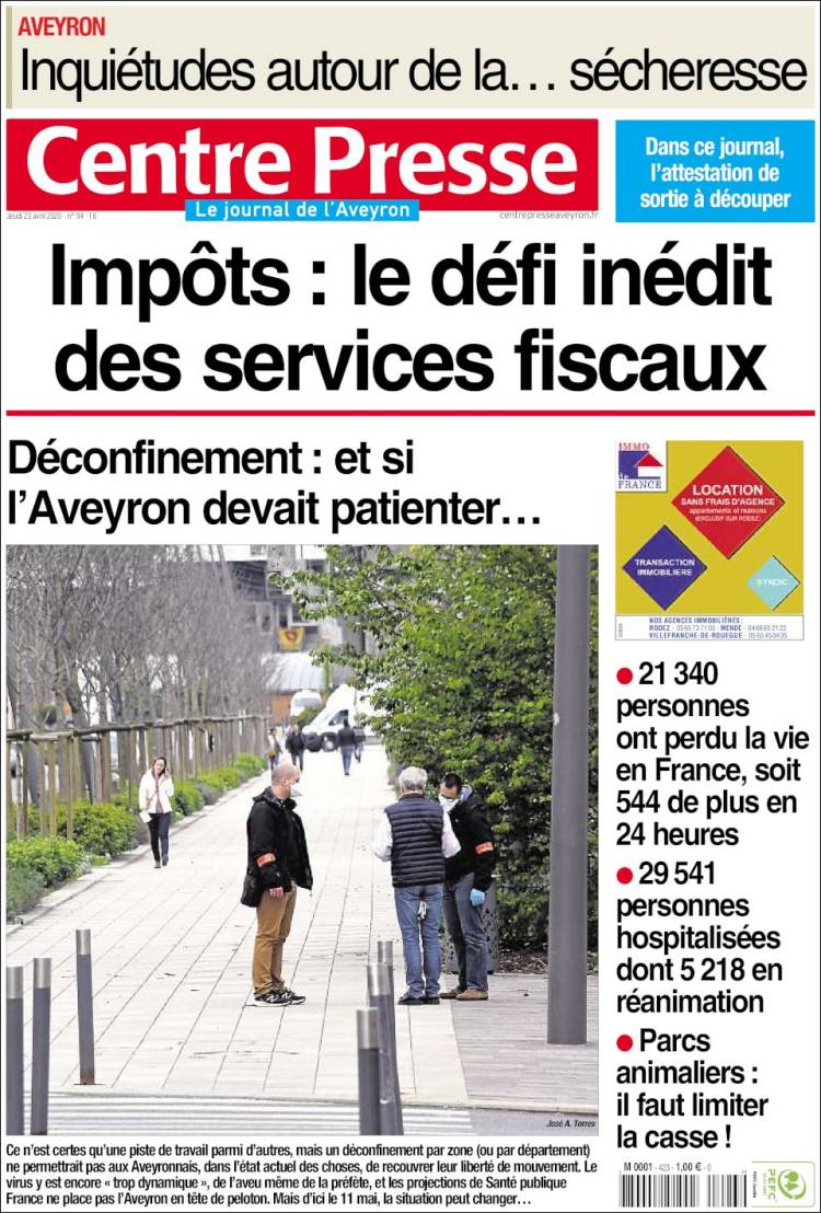 Portada de Centre Presse (Francia)