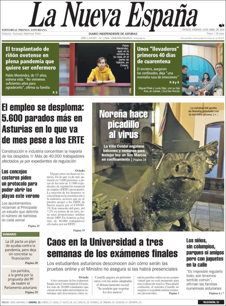 Portada de La Nueva España (España)