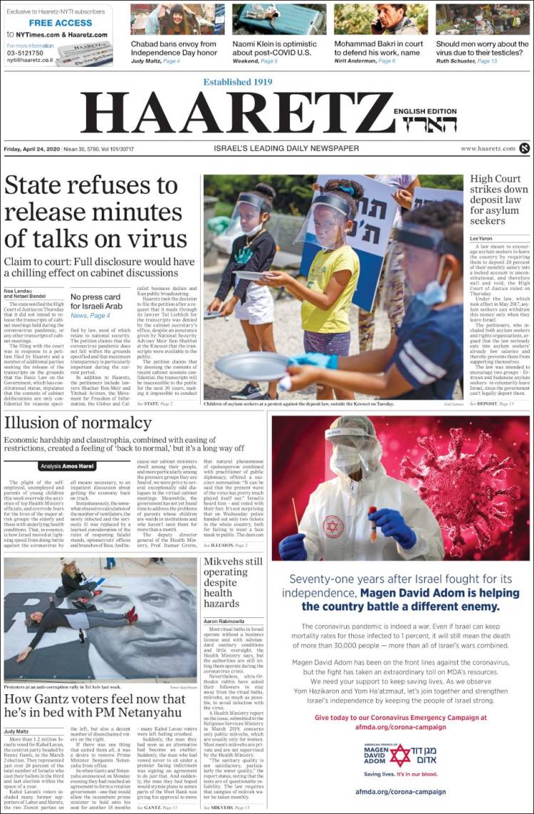 Portada de Haaretz (Israel)