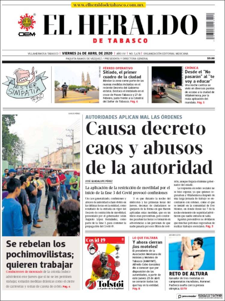 Portada de El Heraldo de Tabasco (México)