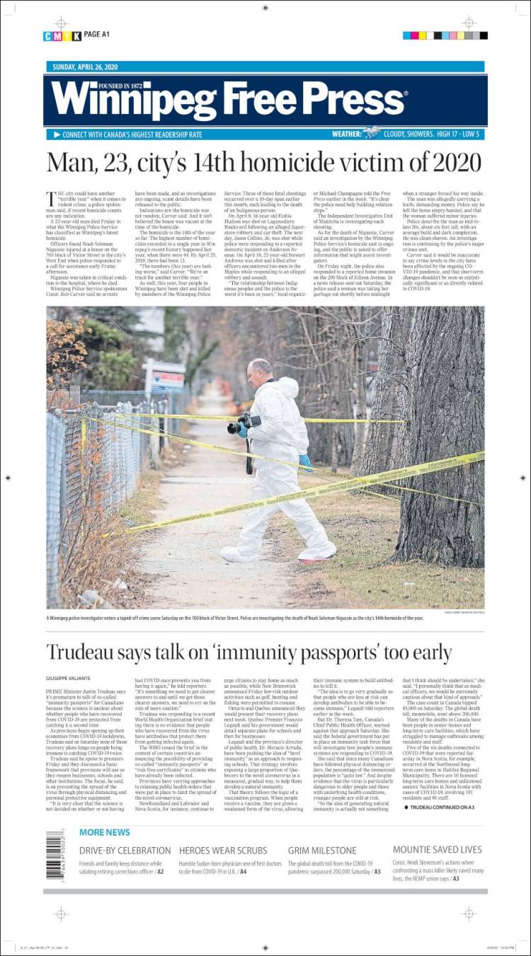 Portada de Winnipeg Free Press (Canada)