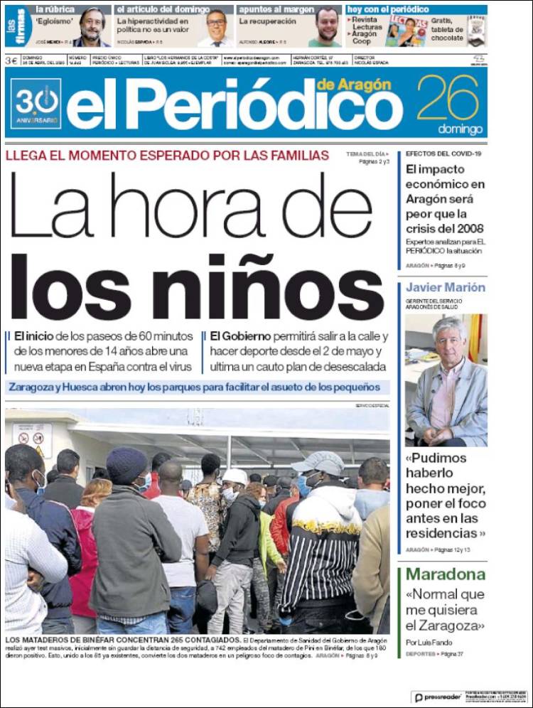 Portada de El Periódico de Aragón (España)