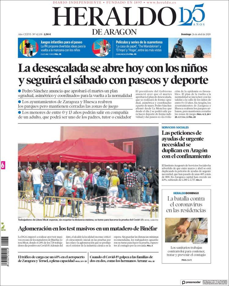 Portada de Heraldo de Aragón (España)