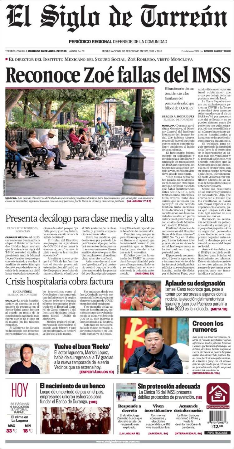 Portada de El Siglo de Torreon (M&eacute;xico)