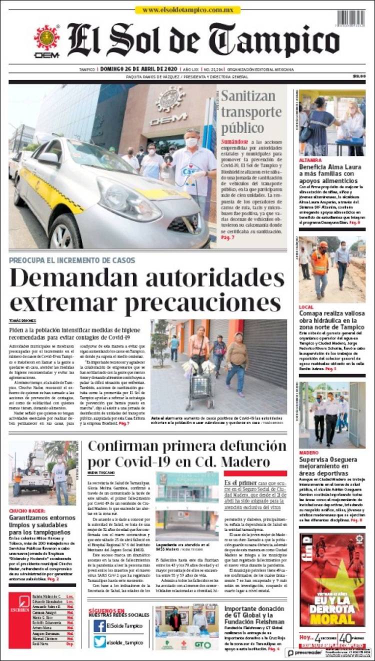 Portada de El Sol de Tampico (M&eacute;xico)