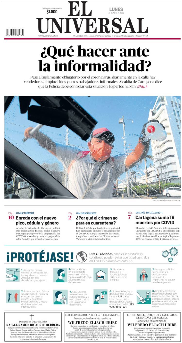 Portada de El Universal (Colombia)