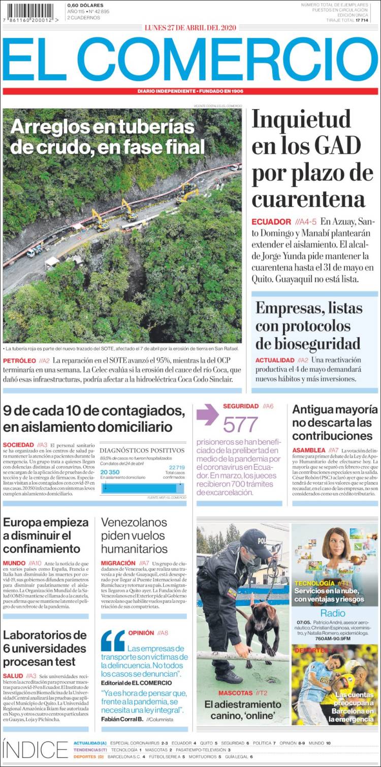 Portada de El Comercio (Ecuador)