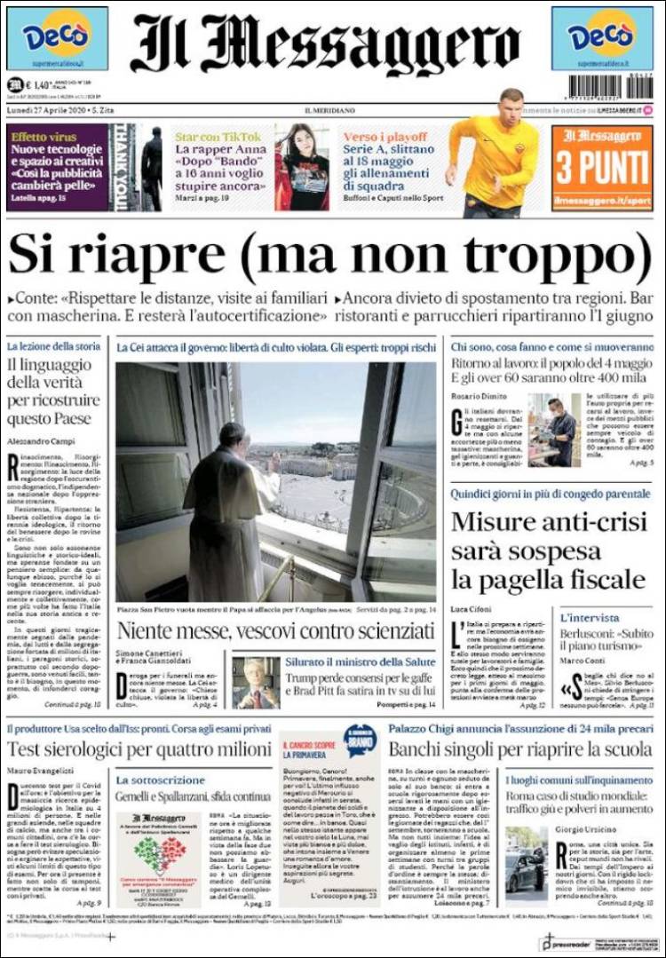 Portada de Il Messaggero (Italia)