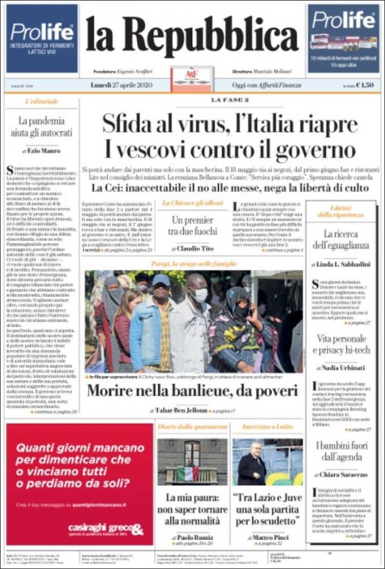 Portada de La Repubblica (Italia)