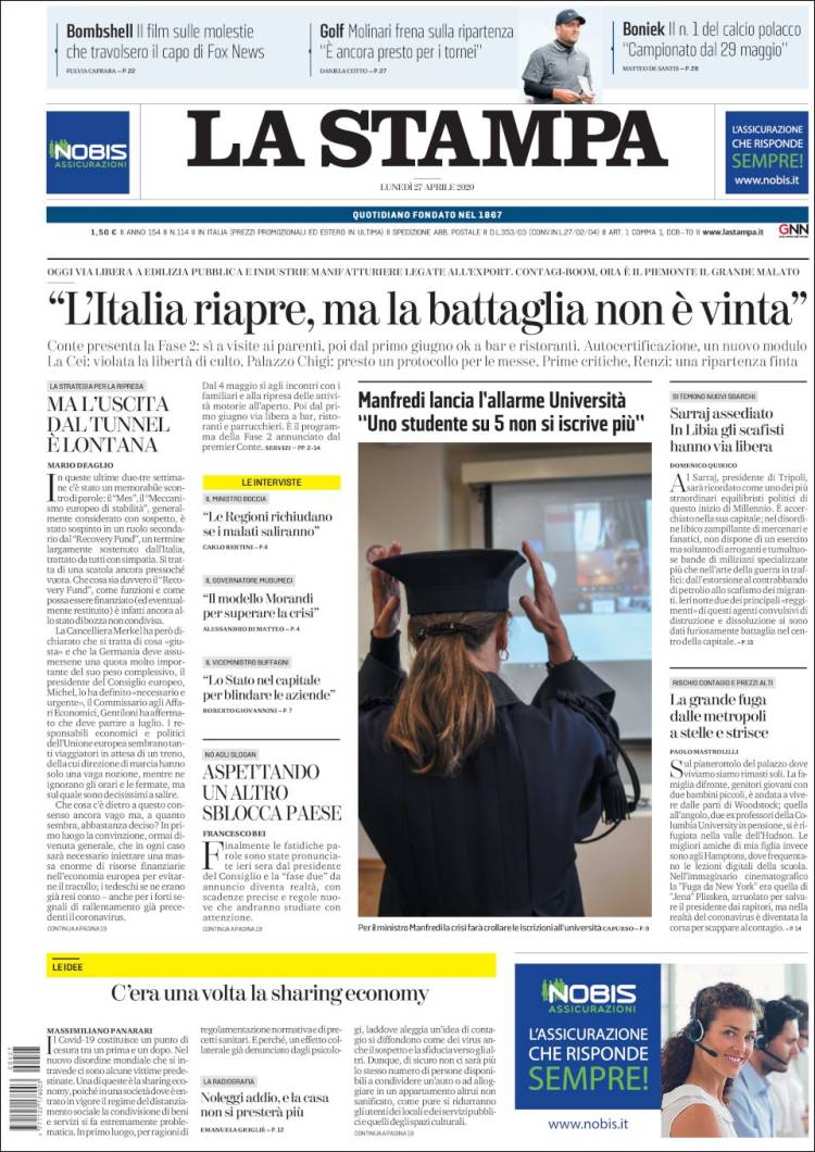 Portada de La Stampa (Italia)