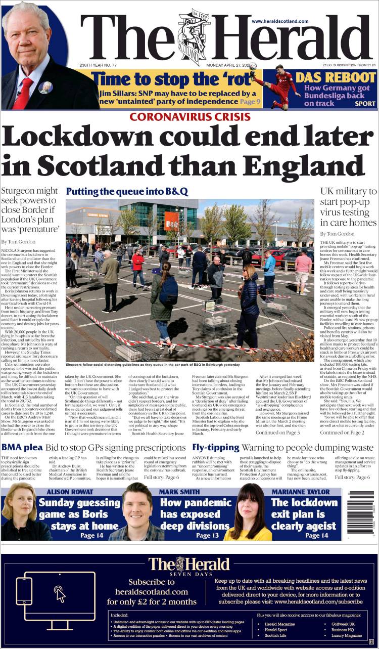 Portada de The Herald (Reino Unido)