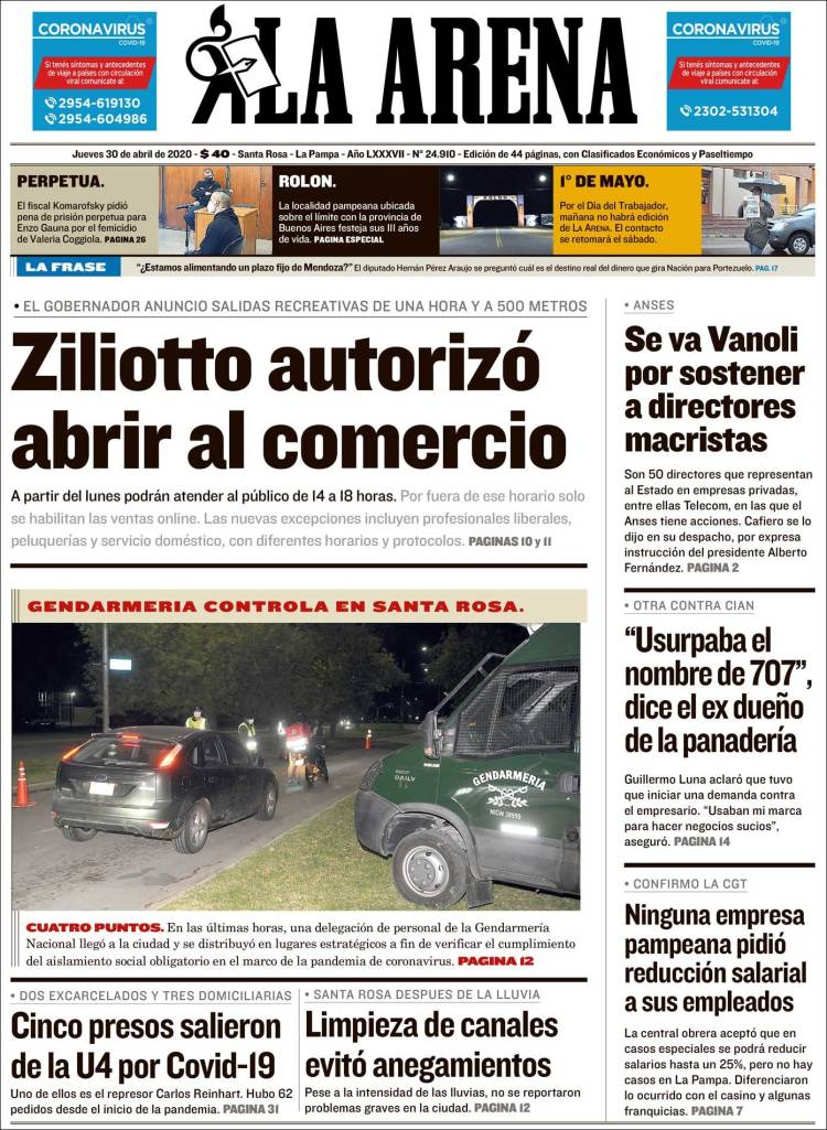 Portada de Diario La Arena (Argentina)