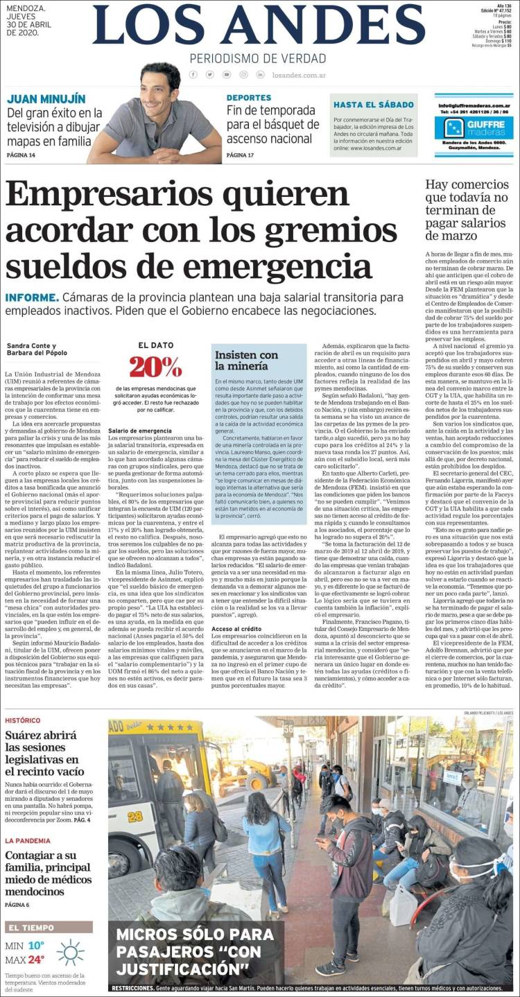 Portada de Los Andes - Mendoza (Argentina)