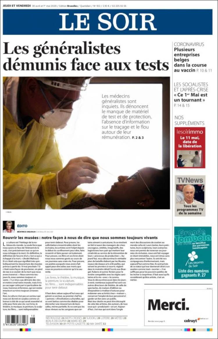 Portada de Le Soir (B&eacute;lgica)