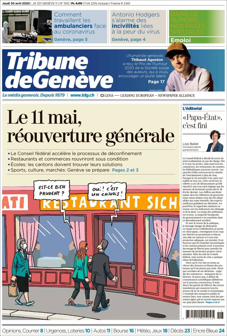 Portada de La Tribune de Genève (Suiza)
