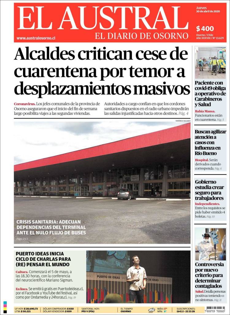 Portada de El Austral de Osorno (Chile)