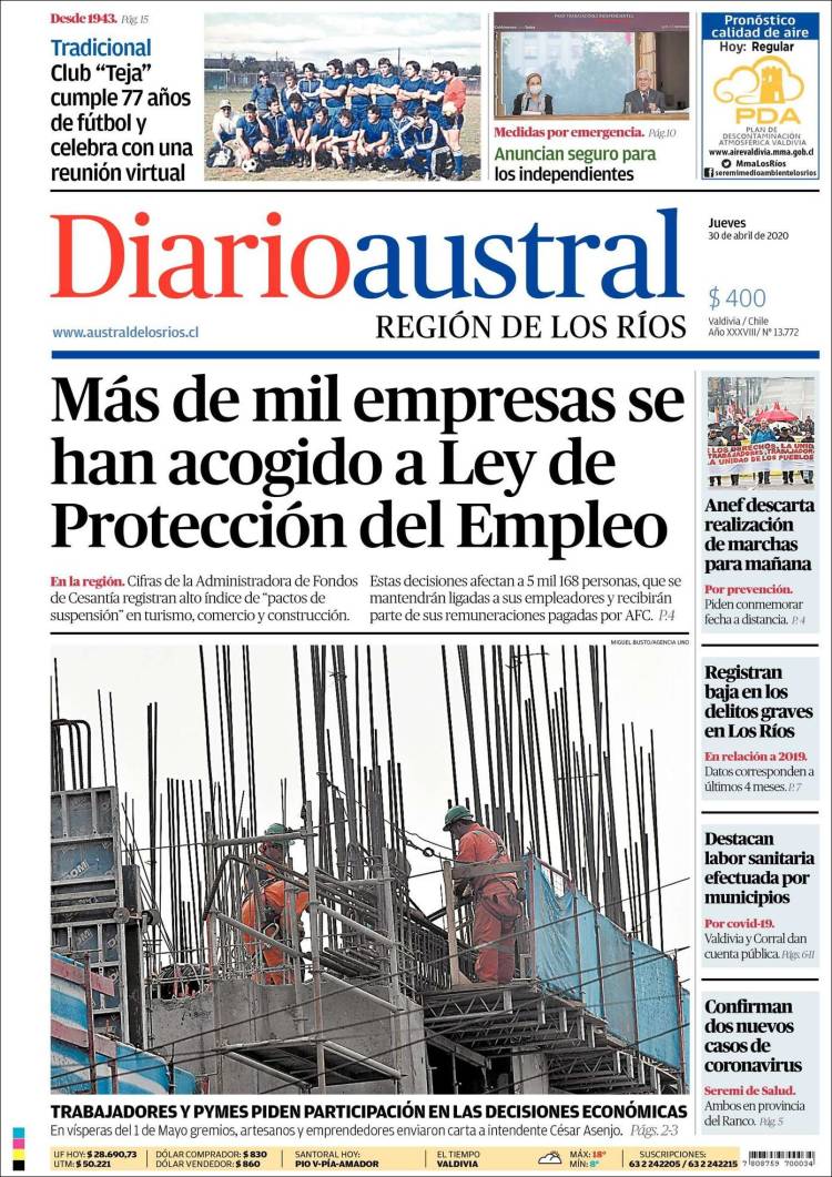 Portada de El Diario Austral de Valdivia (Chile)