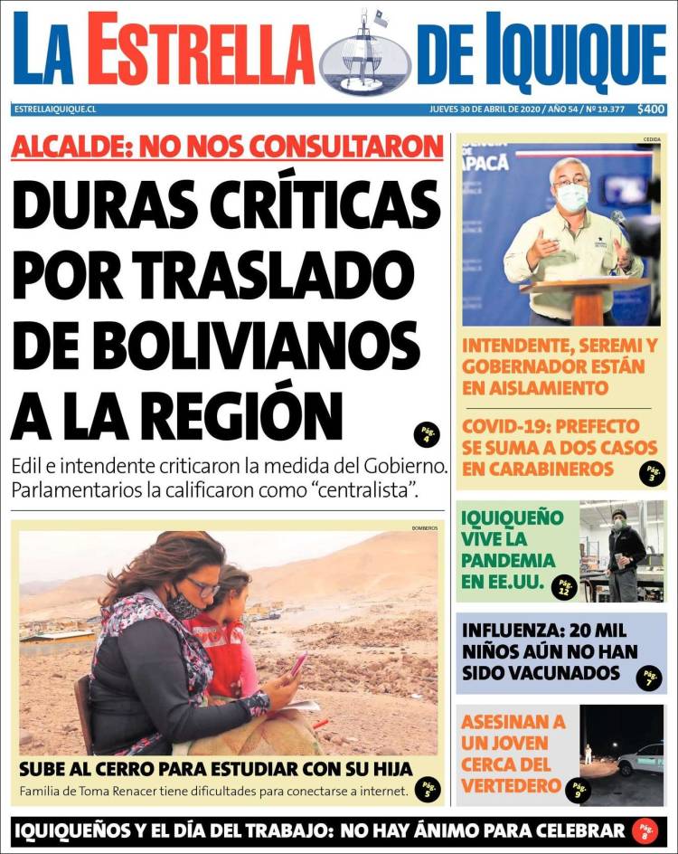 Portada de La Estrella de Iquique (Chile)